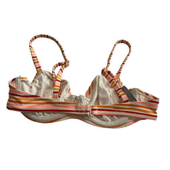 AERIE BIKINI TOP SMALL RED ORANGE CORAL WHITE STRIPED UNDERWIRE DEMI SWIM SUIT - Picture 3 of 6